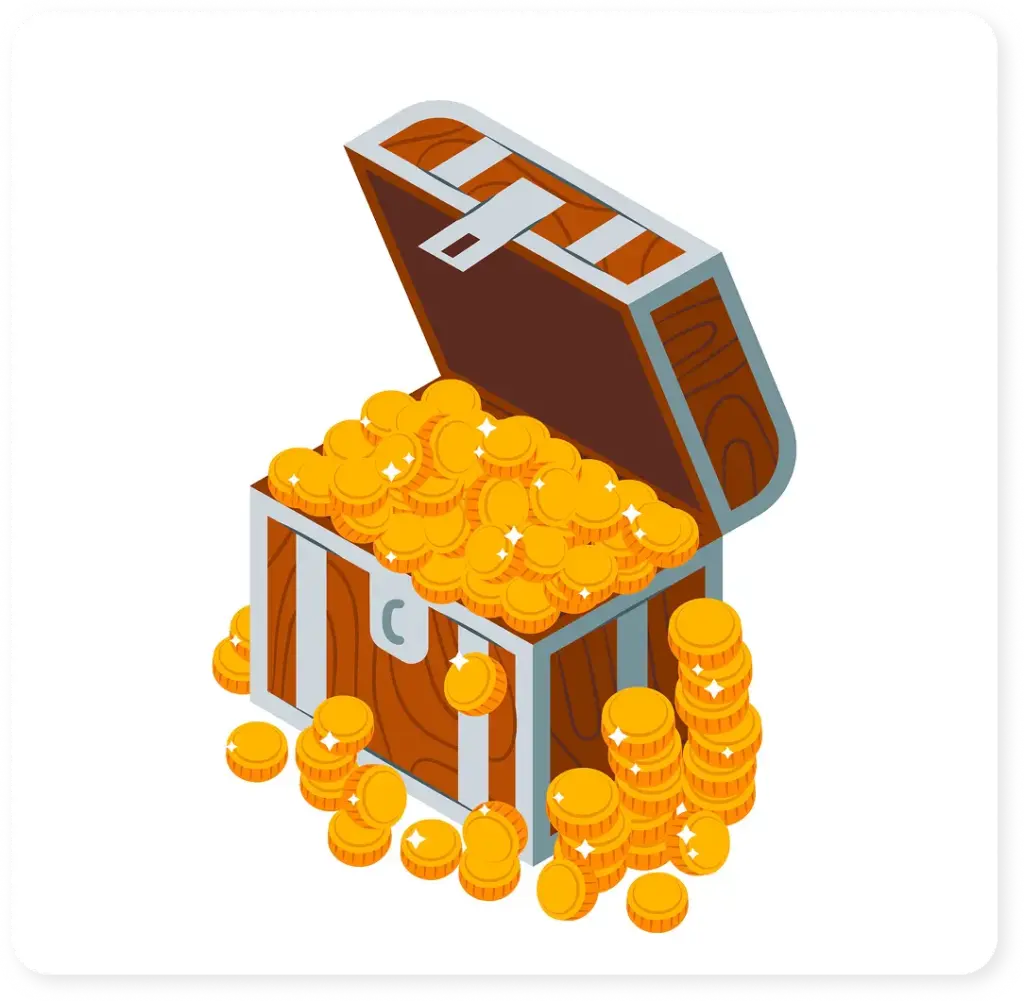 A wooden chest with gold coins, treasures and wealth, an abundance of shiny coins