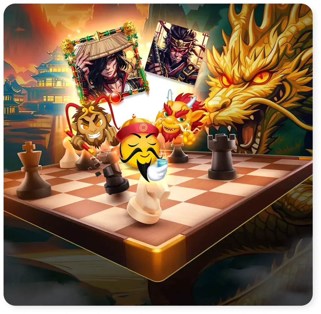 A chessboard with oriental figures and a dragon, a colorful fantasy scene with heroes and characters.