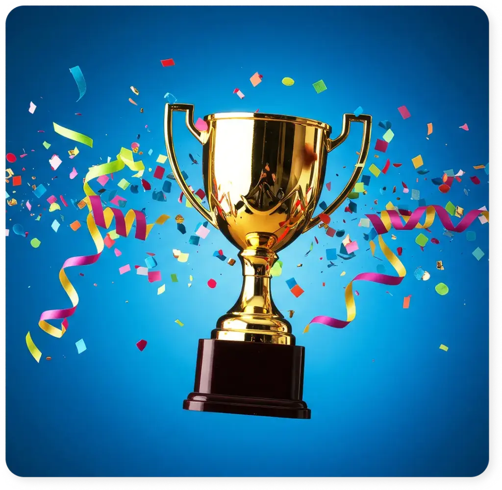 A golden trophy with confetti on a blue background, the symbol of victory and achievement in the game.
