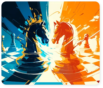 Dynamic artwork featuring black and white chess knights symbolizing strategic competition and tactical gameplay.