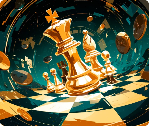 Stylized digital illustration of golden chess pieces surrounded by abstract elements and a futuristic chessboard.