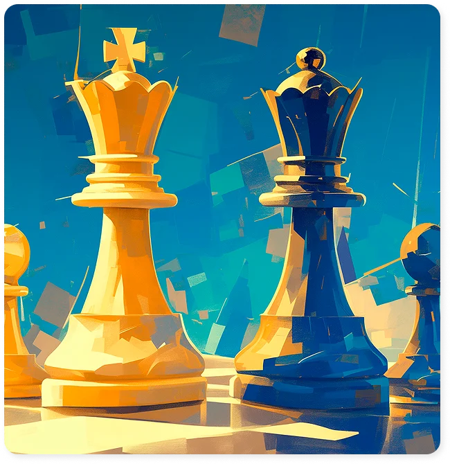 Contemporary illustration of chess pieces with bold colors and abstract geometric elements representing tactical thinking.