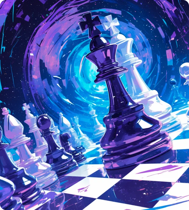 Vibrant digital artwork with neon lighting emphasizing strategy, planning, and competitive chess gameplay.