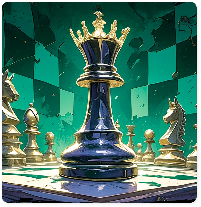 Artistic illustration highlighting the king and surrounding chess pieces in a dramatic strategic setting.
